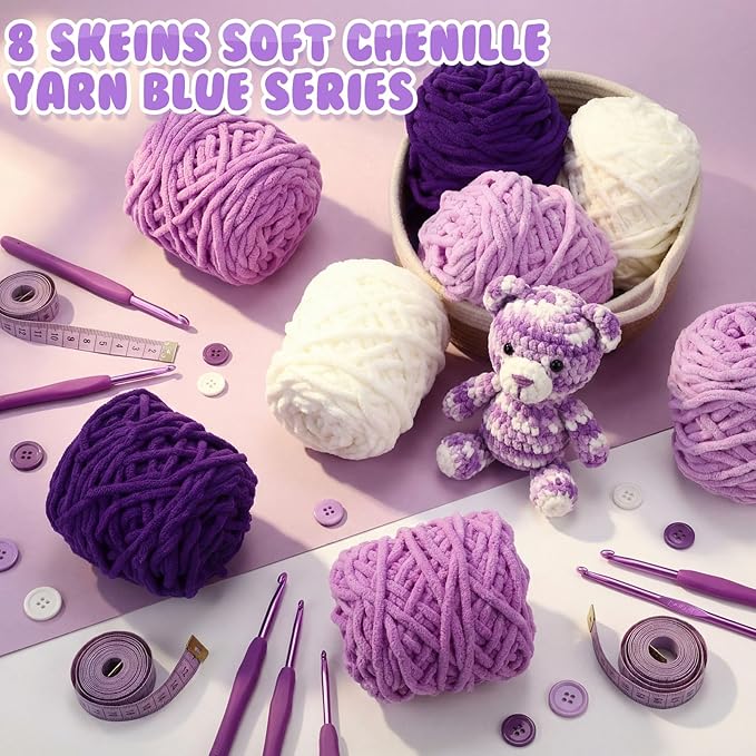 Buryeah 8 Pack Chunky Chenille Yarn for Crocheting Soft Thick Fluffy Yarn for Hand Knitting Bulky Velvet Blanket Plush for Weaving DIY Crafts Each 3.5 oz 55 Yards (Purple Series)