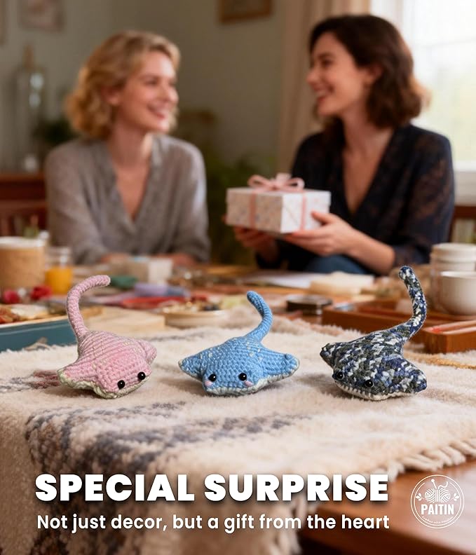 PAITIN Crochet Kit for Beginners – DIY Manta Ray Crochet Craft Project, Easy Handmade Yarn Art Kit for Adults with Step-by-Step Video Tutorial