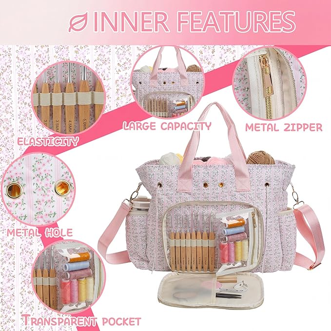 SilTriangle Large Pink Floral Quilted Crochet Knitting Bags and Totes Organizer Cotton Yarn Hook Bag Holder Christmas Corduroy Gift for Crochet Lover Crocheting Accessories, Needle with Zipper, Size L