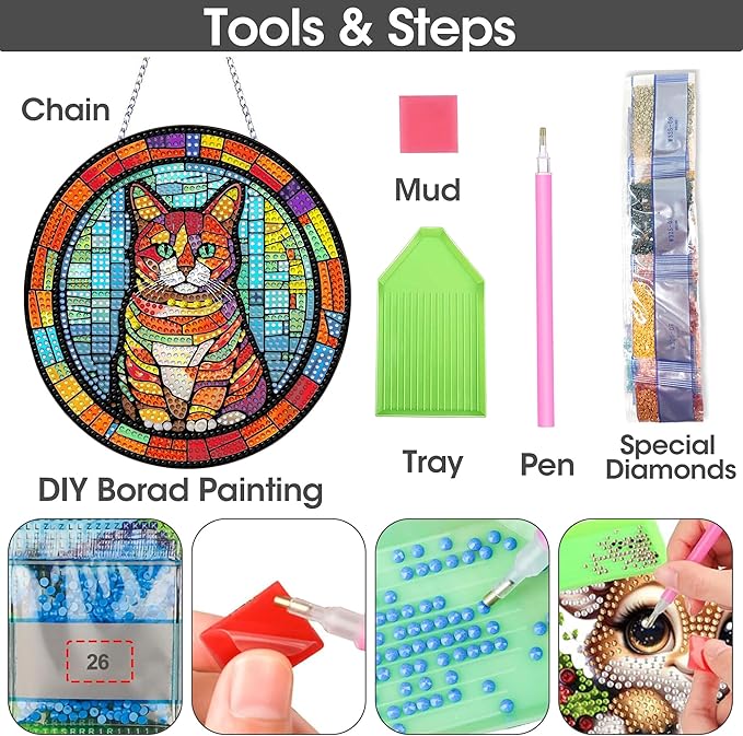SKRYUIE Cat Hanging Diamond Art Kits for Adults Pendant Suncatcher, Special Shaped Crystal DIY Pearl Diamond Painting Kit, Gift for Mother Spring Summer Window Wreath Decor 7.87 x 7.44 Inch A14