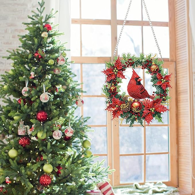Genius maker Christmas Cardinal Diamond Art Hanging Kits for Adults, Diamond Painting Pendant Kits, DIY Acrylic 5D Special Shaped Crystal Diamonds Gem Art Painting Ornament for Home Wall Decor Gift