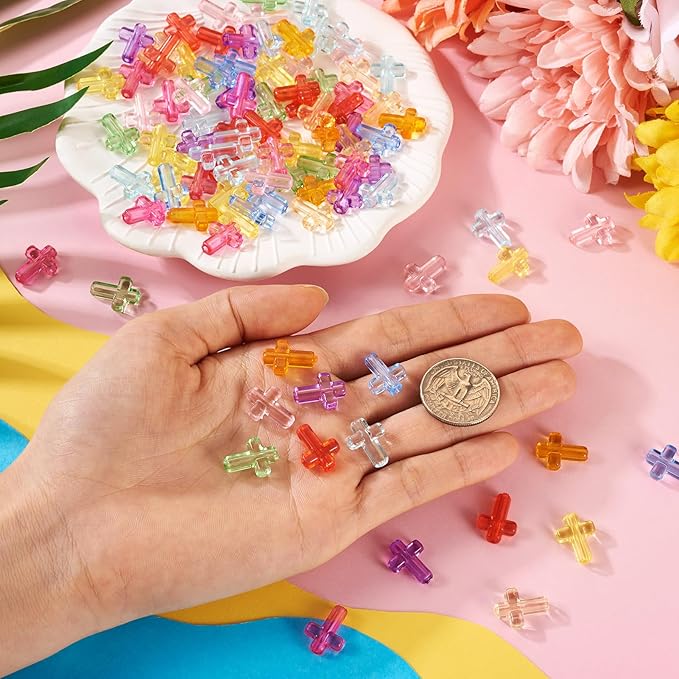FASHEWELRY 200Pcs Candy Color Acrylic Cross Beads Clear Small Crosses Spacer Beads Transparent Acrylic Pony Bead Cute Bead Bulk for Bracelet Necklace Jewelry Making