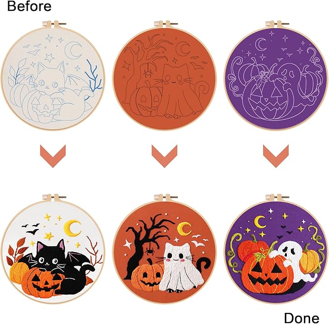 Nuberlic Halloween Embroidery Kits - 3 Pack Easy Embroidery kit for Adults Beginners Starter Cross Stitch Kit DIY Needlepoint with Pre-Printed Fabric, Hoop, Thread, Needles & Step-by-Step Guide
