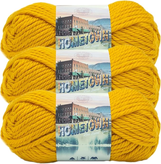 Lion Brand Yarn Hometown Yarn, Super-Bulky Yarn for Knitting, Crocheting, and Crafting, 3 Pack, Madison Mustard