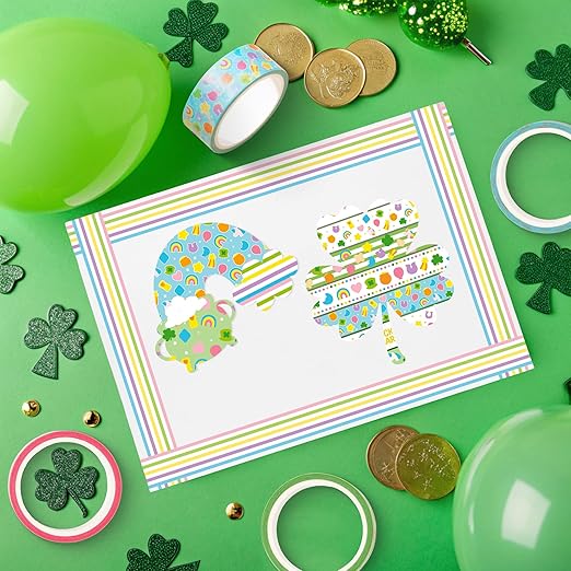 Lucky Pattern Washi Tape - 12 Rolls Lucky Marshmallow Shamrock Rainbow Pot of Gold Horseshoe Scrapbook Washi Decorative Tape Set School Office Scrapbooking Junk Journal Supplies DIY Craft