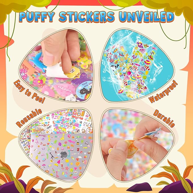 3200+ stickers for kids, 3d puffy sticker, 64 different sheets, cute animals stickers for boys girls teachers, classroom reward, craft scrapbooking, party gift