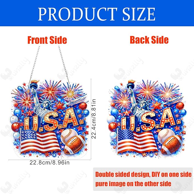 Yunzlly DIY Hanging Diamond Art Pendant Kit July 4th, Special Crystal Double Sided Diamonds Painting Ornament Kit for Adults, Acrylic Gem Painting Board for Window&Door&Wall (USA)