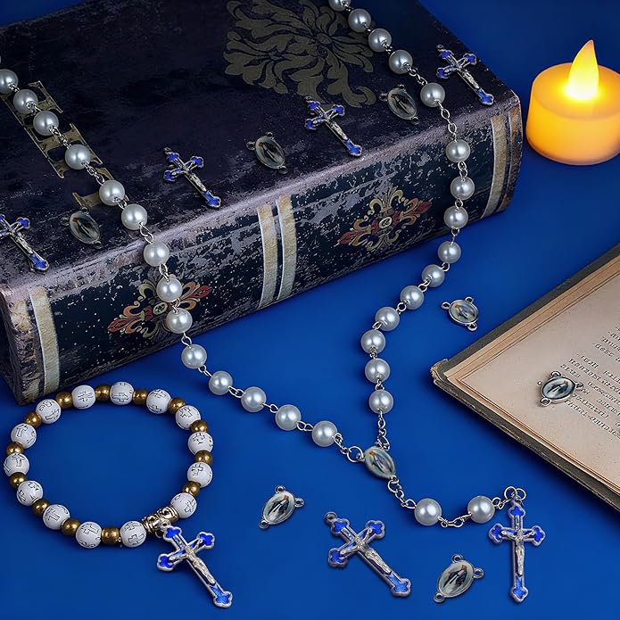 Rosary Making Kits Supplies Cross and Center Medal Charm Alloy Picture Religious Charms Crucifix Pendant for DIY Jewelry Making Prayer Bracelet Necklace Earring