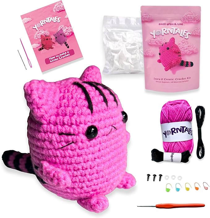YarnTales DIY Pink Kitten Crochet Kit - Beginner Craft Kit with All Included Supplies & Video Tutorials - Great Valentine’s Day Gift for Teens & Adults