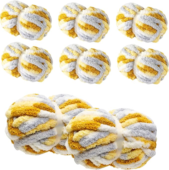 Chunky Yarn for Hand Knitting & Crocheting – Mixed Color Soft, Bulky Jumbo Yarn for Blankets, Scarves, DIY Projects, 8-Pack (Gray, Cream, Yellow)