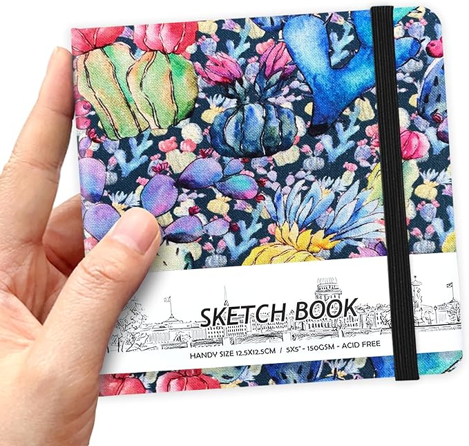 5" x 5" Hardcover Sketch Book,Small Mixed Media Sketch Pad,58 Sheets 150GSM Acid-Free Artist Drawing Paper,Travel Journal Blank Notebook for Adults Painting,Illustration,Art Supplies.Cactus Flower