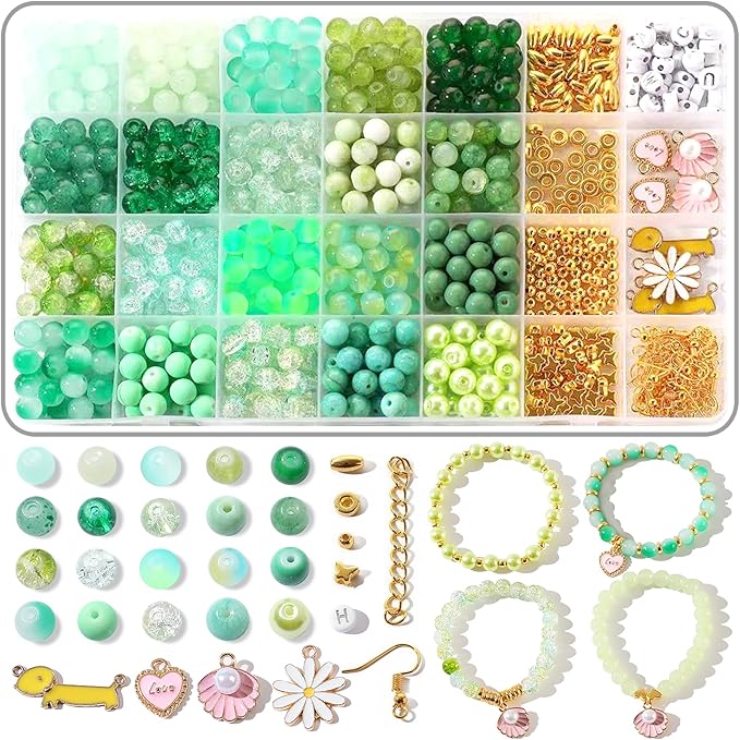905Pcs Green Glass Beads Jewelry Making Kit for Woman - 8mm Crystal Beads for Bracelets Making with Beaded Plant & Alloy Charms for Boho Friendship Bracelets Necklace Earrings DIY Plant Making
