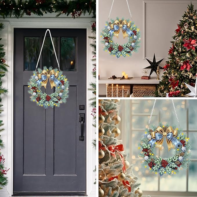 MEIYUDA Christmas Diamond Art Hanging Kits for Adult, Winter Wreath Diamond Painting Hanging Kits Ornaments, DIY Special Shaped Rhinestone Window Pendants kit for Home Garden Wall Decor Gift