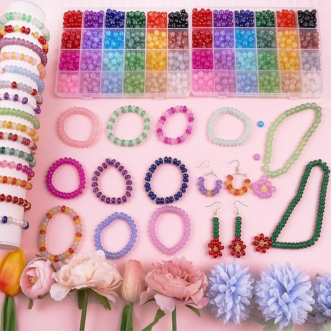 1250pcs Abacus Glass Beads for Jewelry Making, 5x8mm Crystal Rondelle Beads for Bracelets, 24 Colors Bracelet Making Kit with Gemstone Rondelle Spacer Beads for DIY Jewelry Crafts Gifts (2 Box)