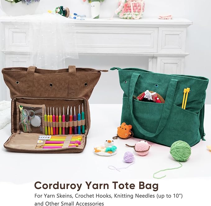 Large Yarn Tote Organizer – Corduroy Knitting Storage Holder for Yarn, Hooks & Accessories, Portable Craft Carryall for Crocheting Lovers, Mother’s Day Gift