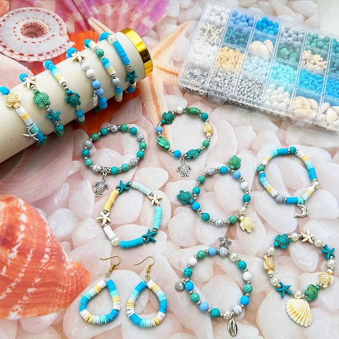 1860Pcs Ocean Beads for Bracelets Making Kit, Blue and White Summer Beach Bead for Jewelry Making, Sea Turtle Shell Starfish Shape Beads 8mm Round Cly Bead for DIY Craft Bracelets Earring (Blue)