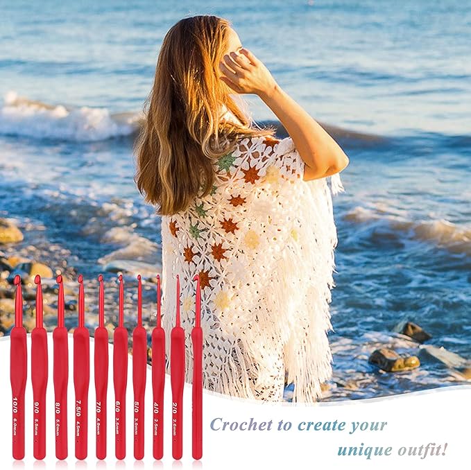 Coopay Red Crochet Hooks Ergonomic Crochet Hook Set, 9PCS Soft Touch Aluminum Crochet Needle for Arthritic Hands, 2.0-6.0mm Crochet Kit for Beginners/Professionals, Exquisite Knitting Crochet Supplies