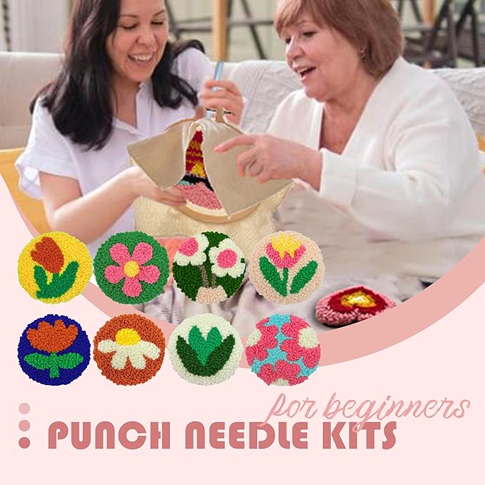 SEREDH Punch Needle Kit for Beginners Adults Easy Needle Punch Embroidery Tool Set Including Threader Instruction Fabric Hoop Yarn Coaster DIY Making Kit Supplies,Set of 8 Flora Art Crafts Gifts