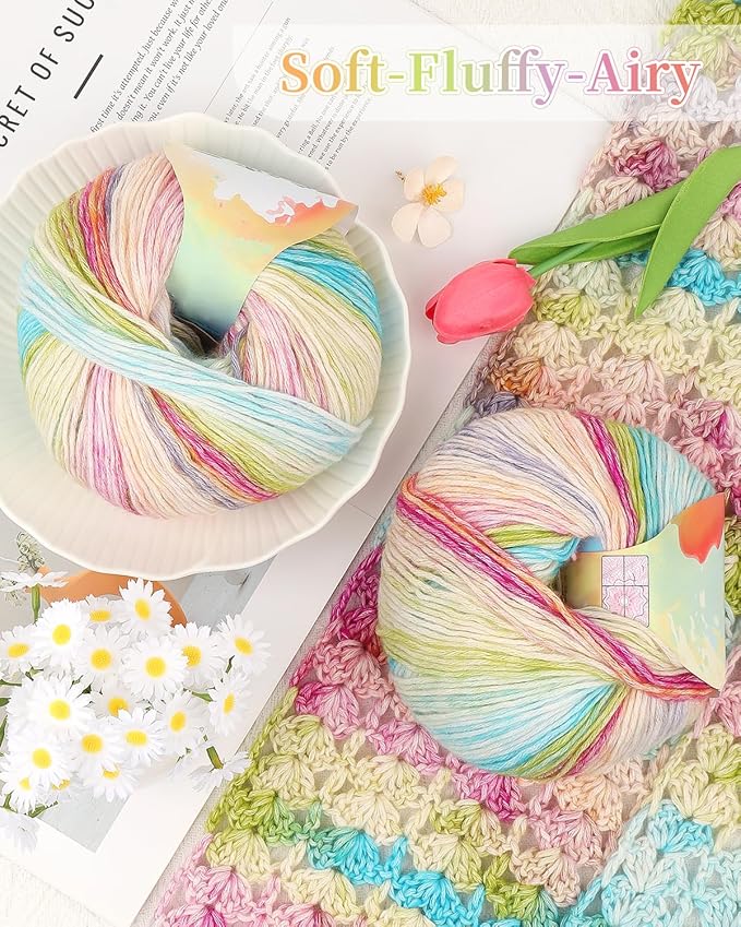 Coopay Yarn for Crocheting Knitting, Gradient Cake Yarns, 2 × 3.53oz - 240yds - 50% Cotton 50% Acrylic Ombre Yarns, Gradient Crochet Yarn for Blankets, Shawls, Scarves (209 Flower Field)