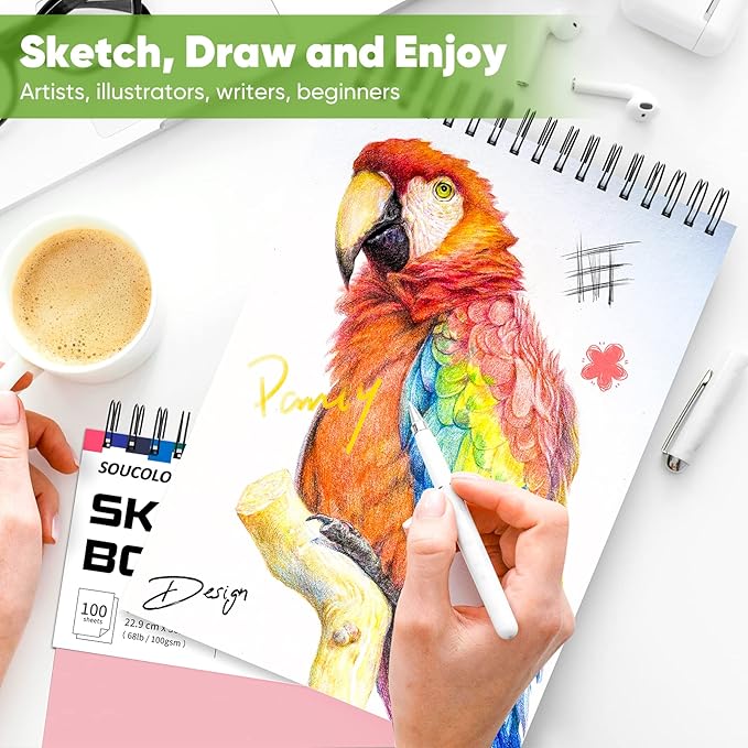art supply set - sketching & drawing kit, sketchbook art paper for adult artists, soucolor 9" x 12" sketch book, 2-pack 100 sheets spiral bound sketchbook, acid free