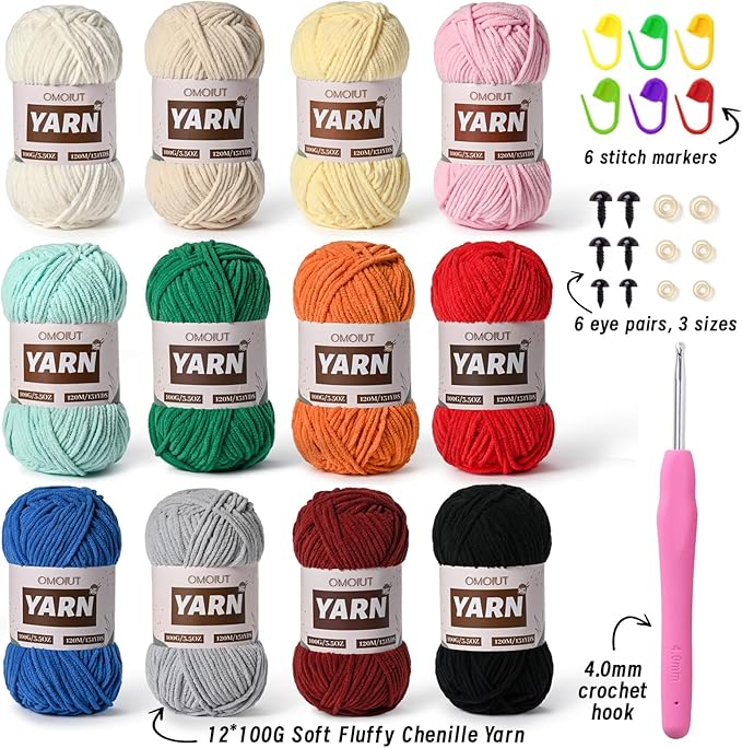 12 Pack 42.3oz/1572yds Bulky Multicolor Yarn Set, Plush Chenille Blanket Yarn for Crocheting, Fluffy Velvet Yarns for Crochet, Fuzzy Baby Yarns for Crocheting Soft, Crochet Amigurumi B