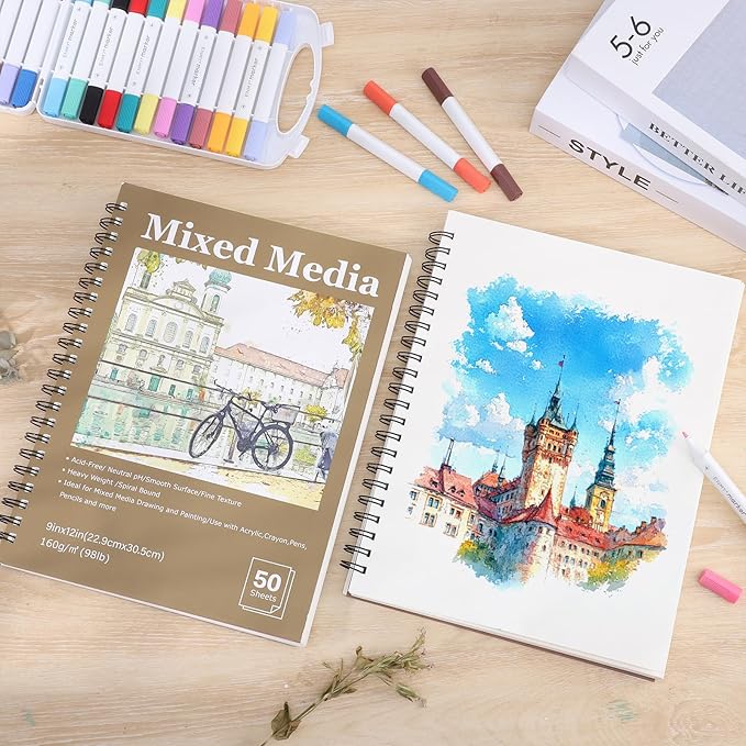 4 Pack Mixed Media Sketchbook, 9x12 inches Drawing Paper Sketch Book, 98lb/160gsm Heavyweight Spiral Bound Sketch Pads, Suitable for Arist, Drawing, Painting, Sketching(200 Sheets)