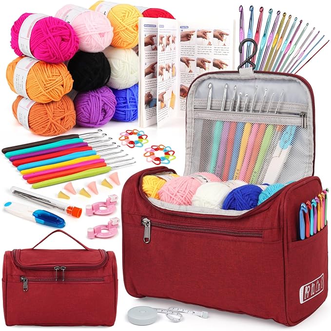 Aeelike Crochet Kit for Beginners Young and Old, First Crochet Kit for Adults Include 23pcs Crocheting Hooks, 655 Yards Yarn Set, Instruction, Bag, Crocheting Accessories and Supplies, WineRed