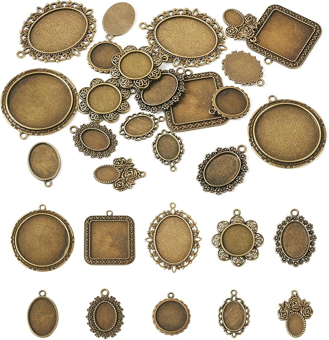 20Pcs Bezel Pendant Trays 10 Styles Vintage Cabochon Bezel Settings Trays Charms Tibetan Style Oval Trays Pendant Blanks for DIY Crafts Photo Necklace Jewelry Making