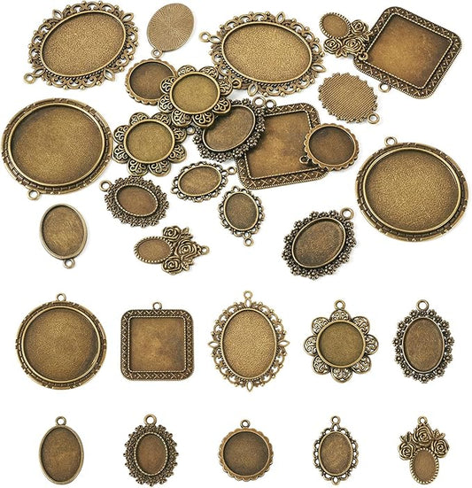 20Pcs Bezel Pendant Trays 10 Styles Vintage Cabochon Bezel Settings Trays Charms Tibetan Style Oval Trays Pendant Blanks for DIY Crafts Photo Necklace Jewelry Making