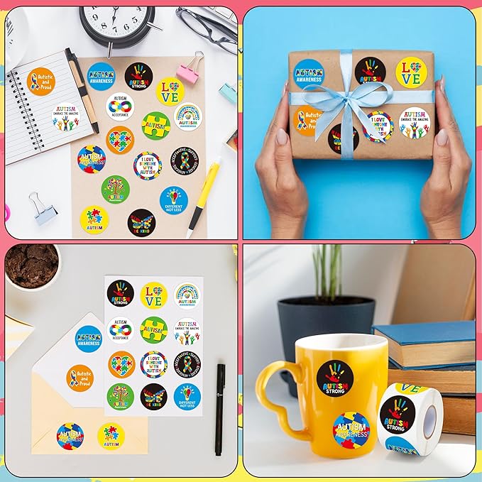 beyumi autism awareness roll stickers - 1000pcs autism awareness sticker in 2 rolls waterproof vinyl puzzle pieces ribbon decal fundraiser event laptop bottle notebook luggage gift decor for kids teen
