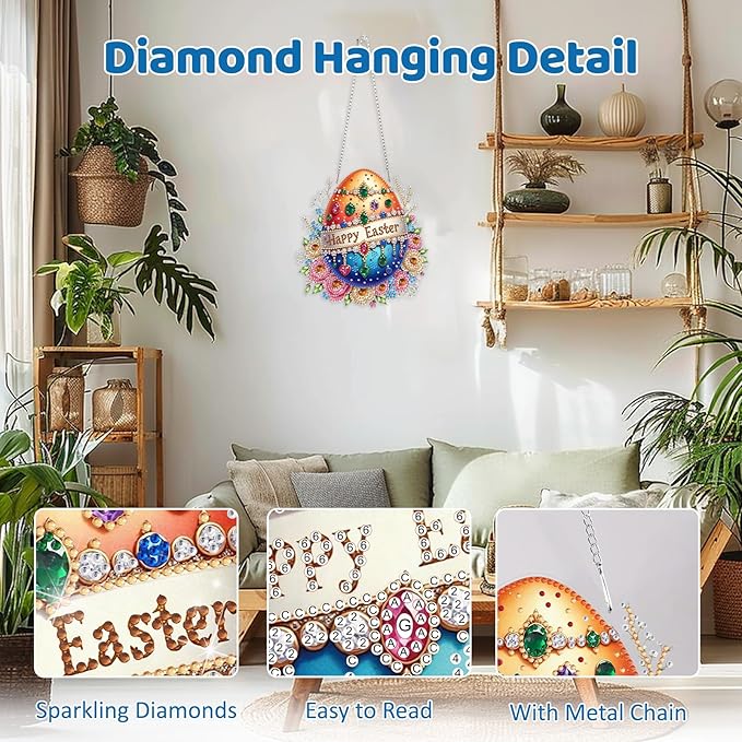MEIYUDA Easter Egg Diamond Art Hanging Kits for Adult, Happy Easter Diamond Painting Hanging Kits Ornaments, DIY Special Shaped Rhinestone Window Pendants kit for Home Garden Wall Decor Gift