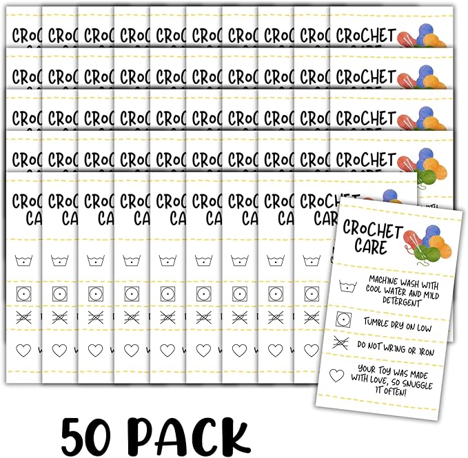 Crochet Care Instruction Cards | 50pk 2x3.5” RAOK Random Acts of Kindness Tags Yarn Plush Doll Scarf Don’t Choke People Loaf Pattern DIY Crafters Knitting