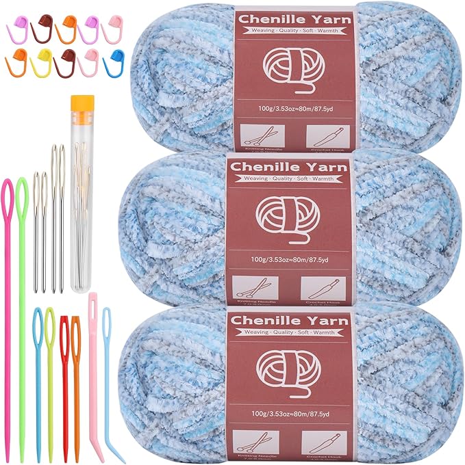 LUNARM Chenille Yarn for Crocheting Knitting, 3 Skein 10.58 oz / 263 Yard Thick Soft Chunky Fluffy Weaving Plush Yarn for Blankets Clothes Pattern with Big Eye Needles(Blue Gray Gradient)