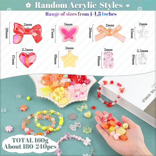210-270pcs tinkrstuff assorted acrylic beads for bracelet making, cute beads for jewelry making flower bow butterfly candy gummy bear kawaii aesthetic bracelet charms,diy necklace keychain phone charm