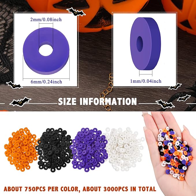 Batiyeer 3000 Pcs Christmas Fall Halloween Clay Beads Set 6 mm Patriotic 4th of July Spacer Beads Winter Polymer Clay Bead for Necklace Earring Bracelet Making(Black, Orange, White, Purple)