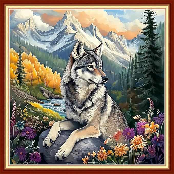 Redxing Stamped Cross Stitch Kits Embroidery kit for Beginners Adults Full Range of Embroidery Patterns Starter Kits DIY Printed Cross Stitch Kits Needlepoint Kits 11CT-Wolf MountainRivers 18x18 inchs
