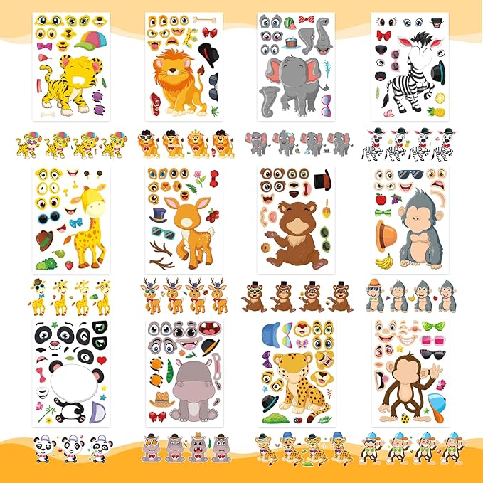 48 sheets make your own safari animal stickers for kids ages 3+, make-a-face stickers, jungle & zoo party favors supplies, classroom teacher reward