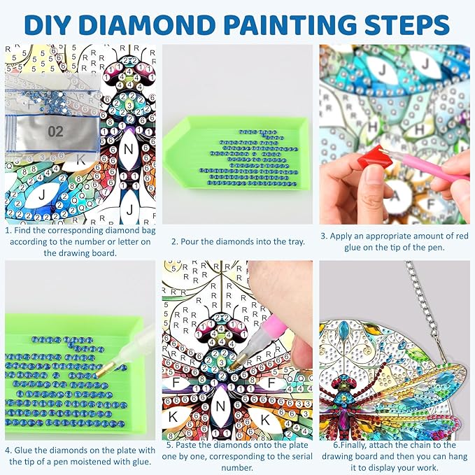 MEIYUDA Dragonfly Diamond Art Hanging Kits for Adult, Flowers Dragonfly Diamond Painting Hanging Kits Ornaments, DIY Special Shaped Rhinestone Window Pendants Kit for Home Garden Wall Decor Gift