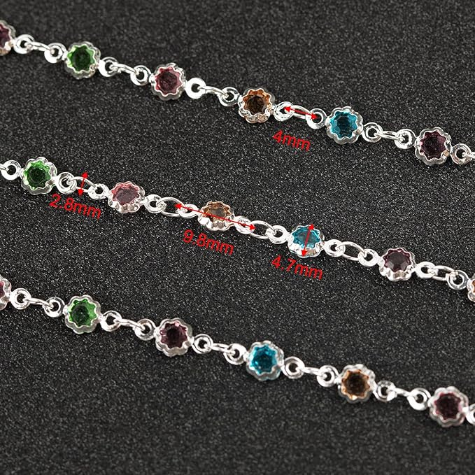 YOUBEIYEE 3 Yard Colorful Rhinestone Jewelry Chain for Jewelry Making Silver Plated Brass Chains Bulk with Jump Rings and Lobster Clasps
