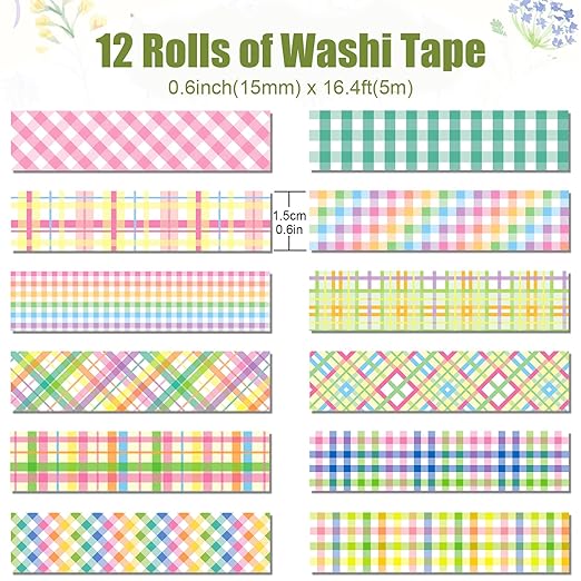 12 Rolls Happy Easter Washi Tape Set, Spring Colorful Pastel Buffalo Plaid Checkered Masking Decorative Tapes for DIY Craft Scrapbook Journals Easter Gift Wrapping School Supplies Decor 16.4FT