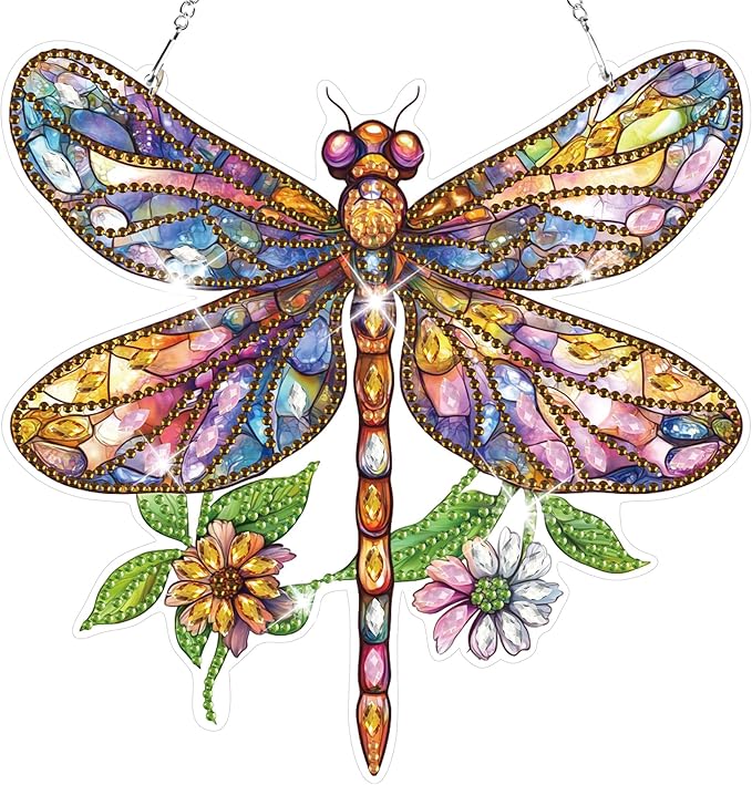 HEIBAGO Dragonfly Hanging Diamond Art Kits for Adults, Special Shaped Crystal Diamond Painting Ornament Kit, DIY Double-Sided Pattern Window Pendant Gem Art Kit for Home Wall Decor 8.3x8.3inch