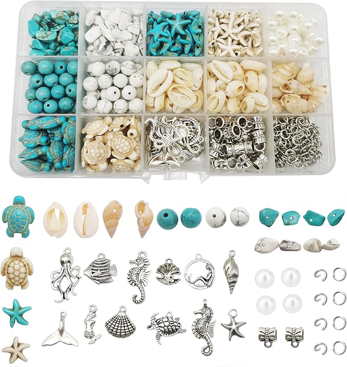 Julie Wang 422PCS Antique Silver Alloy Pendants Seashells Man-made Turquoise Beads Starfish Turtle Ocean Charms for Jewelry Making Summer Beach Necklace Earring Bracelet Craft DIY Accessory