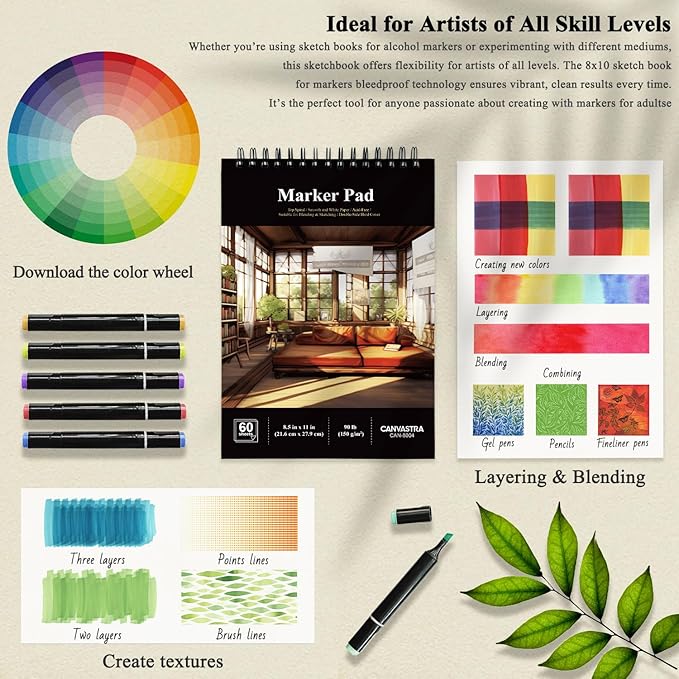 marker paper sketchbook 8.5x11, 60 sheets marker pad for alcohol markers, 90lb/150gsm paper for markers with no bleeding, ideal art pads for manga, doodling, journaling, sketching & adult coloring.