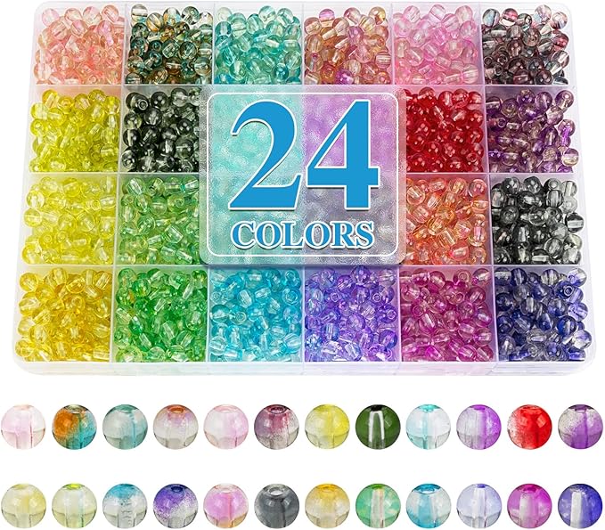XSEINO 24 Colors 1200PCS Transparent Gradient Glass Beads Kit 6mm DIY Craft Glass Beads, Fit for Bracelets, Jewelry Making, Necklace