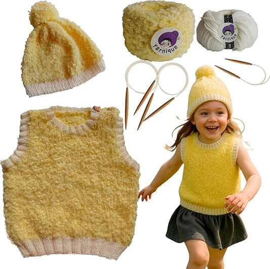 yarnique learn to knit kit for beginners - complete baby knitting kit with italian boucle & merino wool - beginner knitting kit for adults moms - diy baby vest & hat starter set with video tutorials