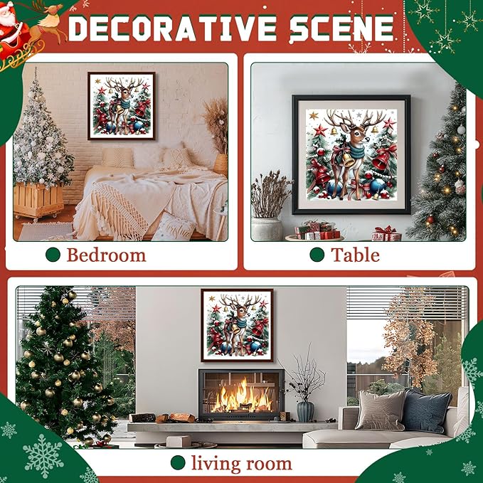 EMIEAUFG Christmas Diamond Art Kits for Adults, Christmas Deer Diamond Paiting Kit for Beginners, 5D DIY Round Full Drill Craft Diamond Dot Gem Art, Home Wall Decor 12" x 12"