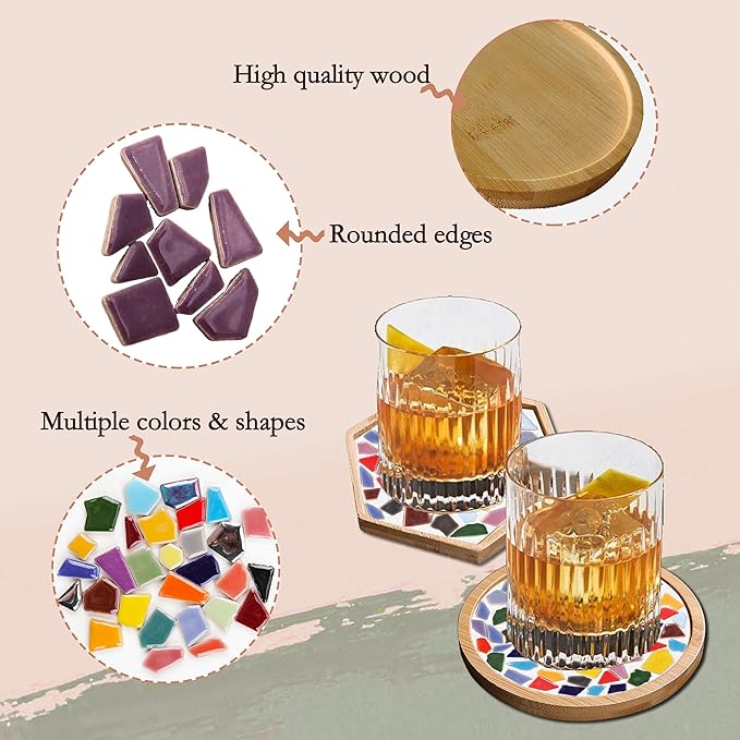 Nuyoach Mosaic Tiles Crafts Kits for Adults,2 Sets DIY Glass Mosaic Craft with Wooden Coaster Making Materials Package for Women Seniors,Ceramic Mosaic Art Bulk Gifts for Home Decor Summer Party
