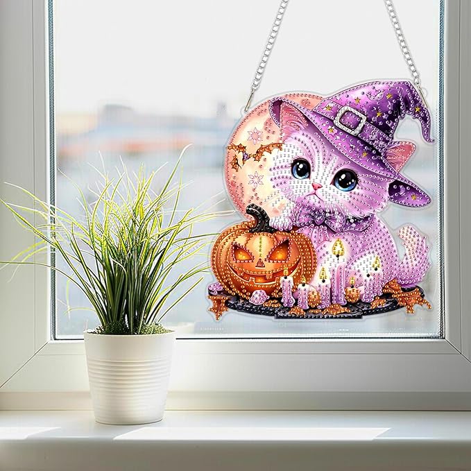 SENQAO Halloween Diamond Art Hanging Kits for Adults Beginners, DIY Acrylic 5D Special Shaped Crystal Diamond Gem Art Painting Hanging Ornament for Home Wall Decor and Gift（Cat Pumpkin Moon）