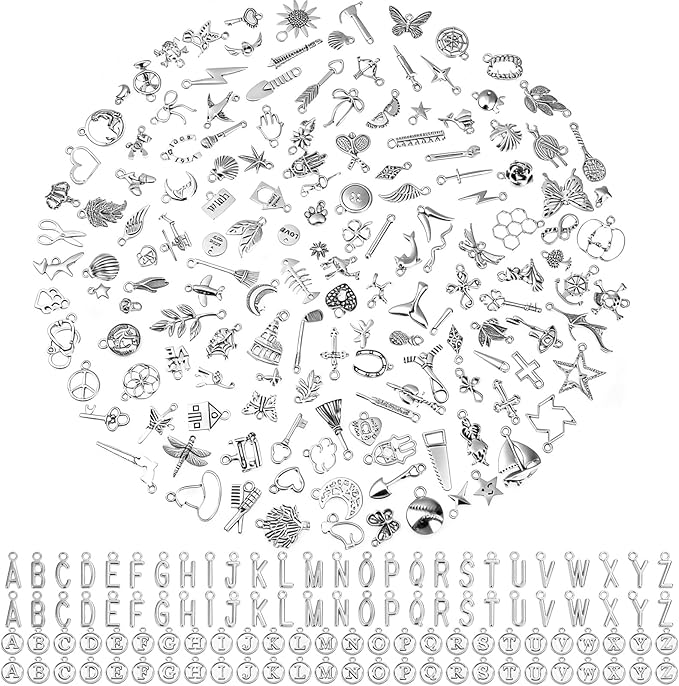 Modacraft 254 Pcs Silver Charms for Jewelry Making with Alphabet Letters, Wholesale Bulk Tibetan Silver Charm Pendants for Bracelet Necklace DIY Crafting