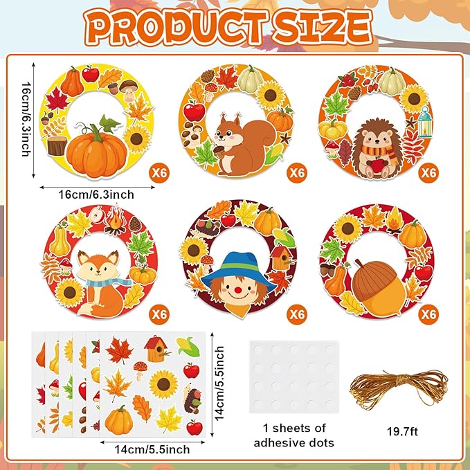 36 Sets Fall Animal Wreath Craft Kits DIY Autumn Scarecrow Pumpkins Paper Wreath Hanging Ornaments Make Your Own Thanksgiving Paper Art Craft with Stickers for School Home Party Decor Activities